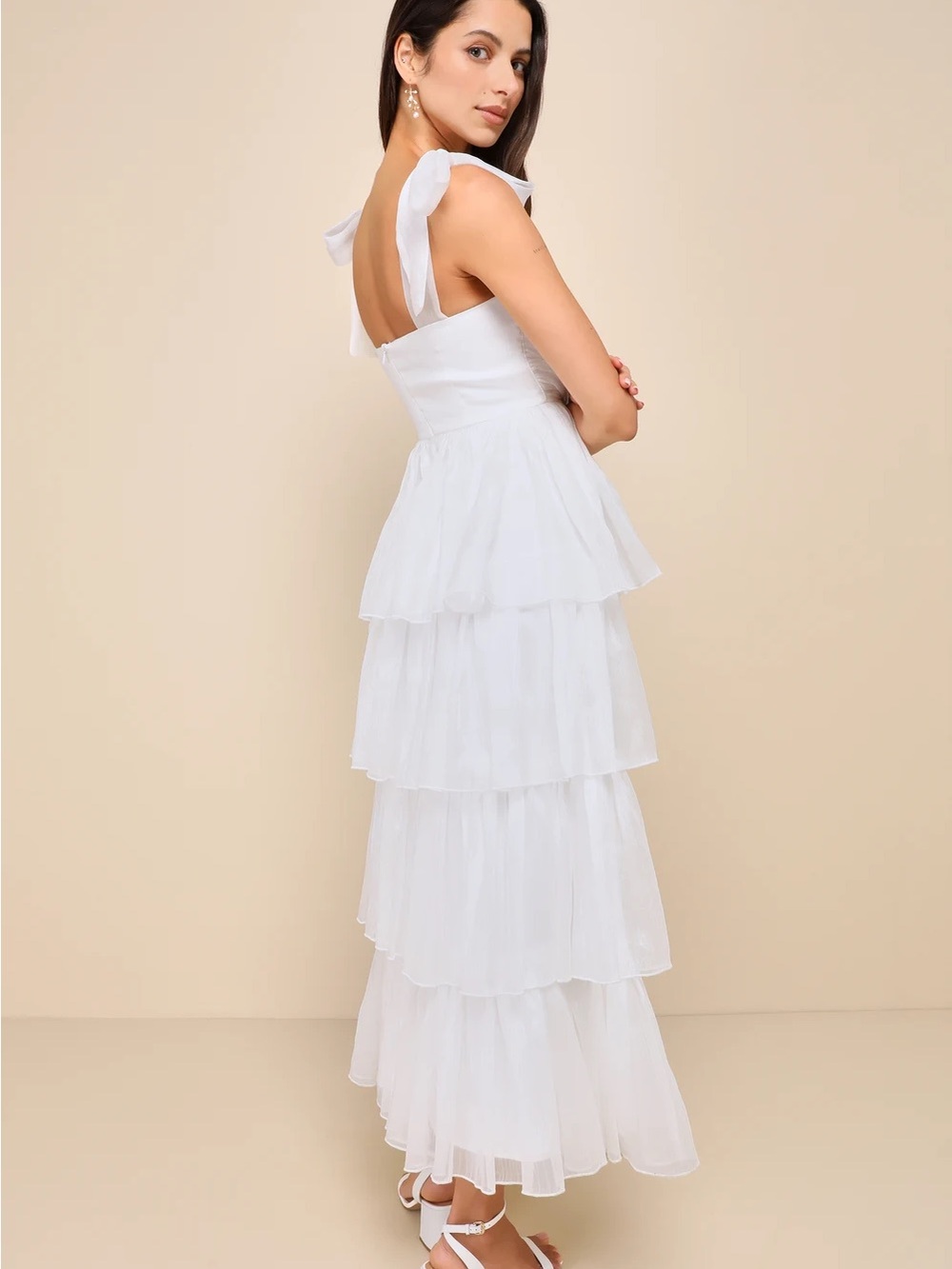 Lulus White Tiered Midi Dress with Bow Shoulder Straps - Picture 3 of 4